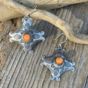 Navajo Sterling Hand Stamped Spiny Dangle Earrings